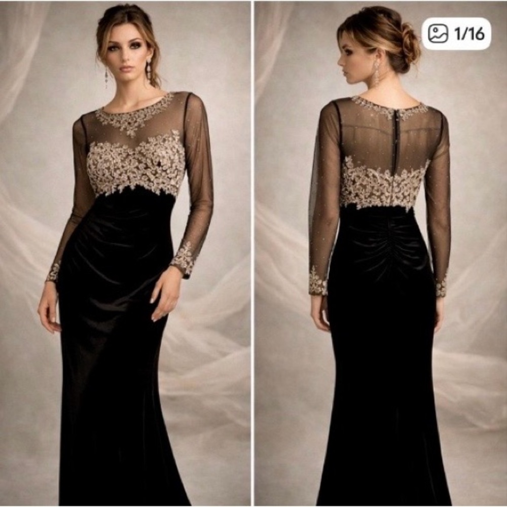 Xscape Evening Gown Floor lenght Embellished Mesh Bodice Velvet Maxi Dress Sz 6